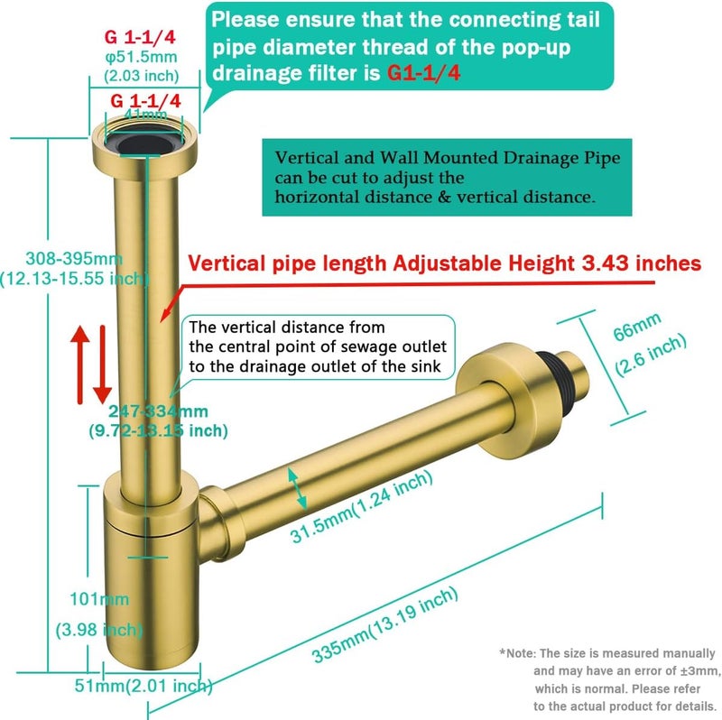 SEABEFORE Brass Round Bottle P-Trap 1 1/4, Adjustable Basin Sink Waste Drain Trap Kit, Champagne Bronze P Trap,SE83888CB-L - Image 2